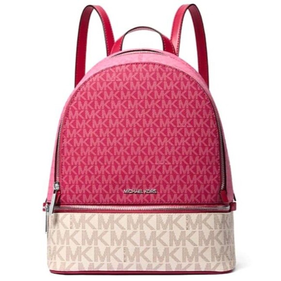 New Michael Kors Rhea Medium Colorblock Signature Logo Backpack Dark Raspberry - Picture 2 of 4
